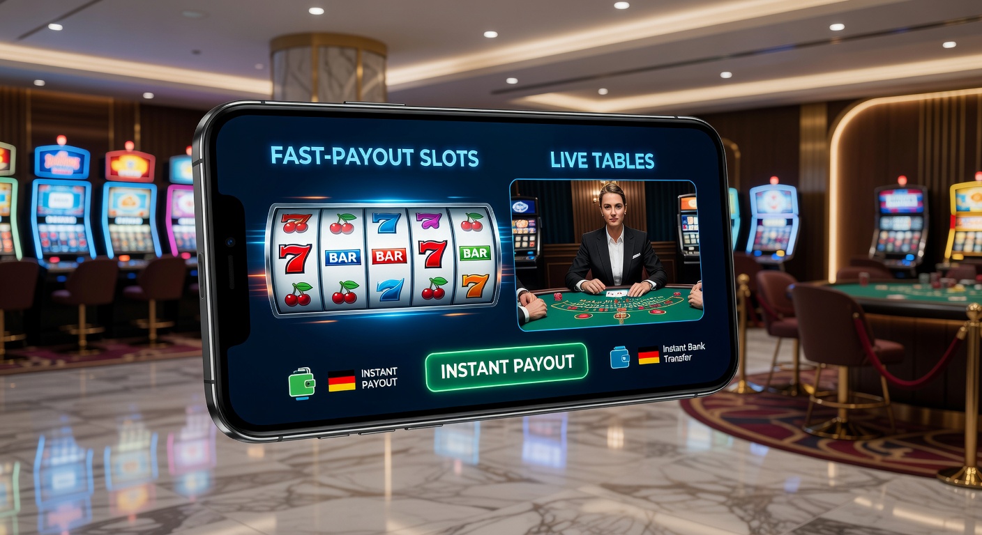 Smartphone mit Casino-App, das schnelle Auszahlungen bei Slots und Live-Tischen darstellt, umgeben von deutschen Flaggen und Zahlungssymbolen