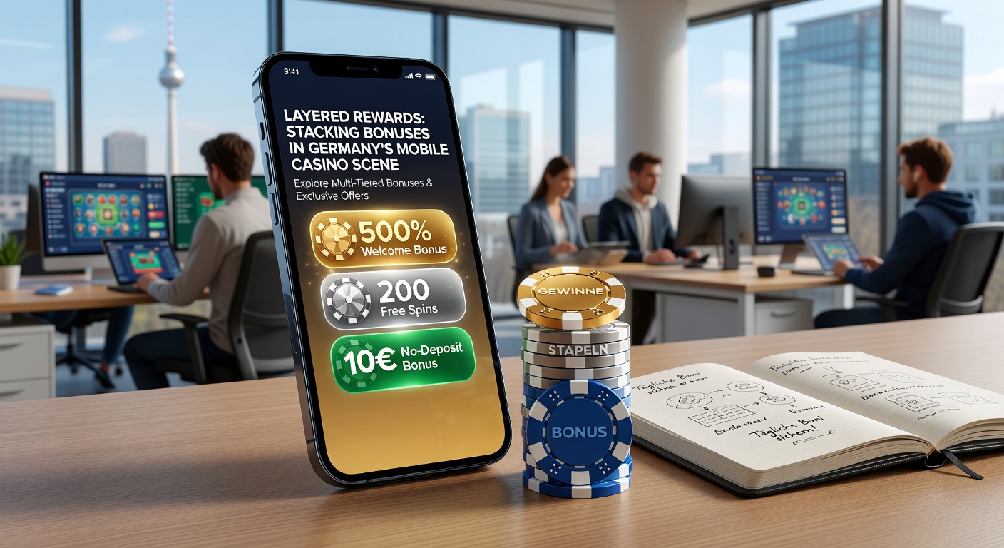 Smartphone mit gestapelten Bonus-Bildschirmen und deutschen Casino-Apps im Vordergrund